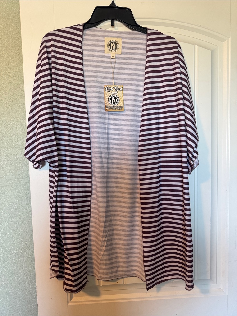 LA Girl Striped Open Front Tunic Cardigan in White and Plum